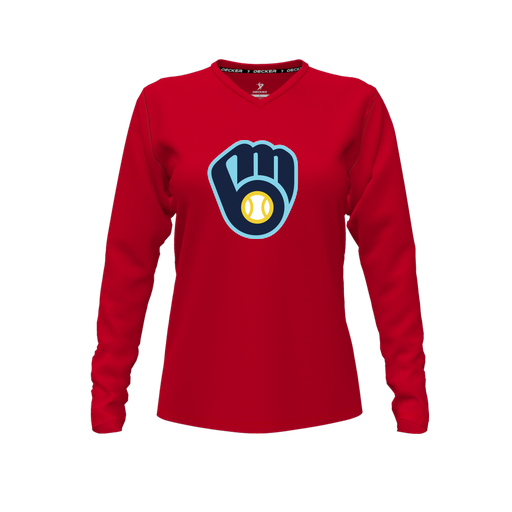 [FTLVCFRD-FYXS-LOGO2] Decker Comfort T-Shirt (Female Youth XS, Red, V Neck, Logo 2, Long Sleeve)